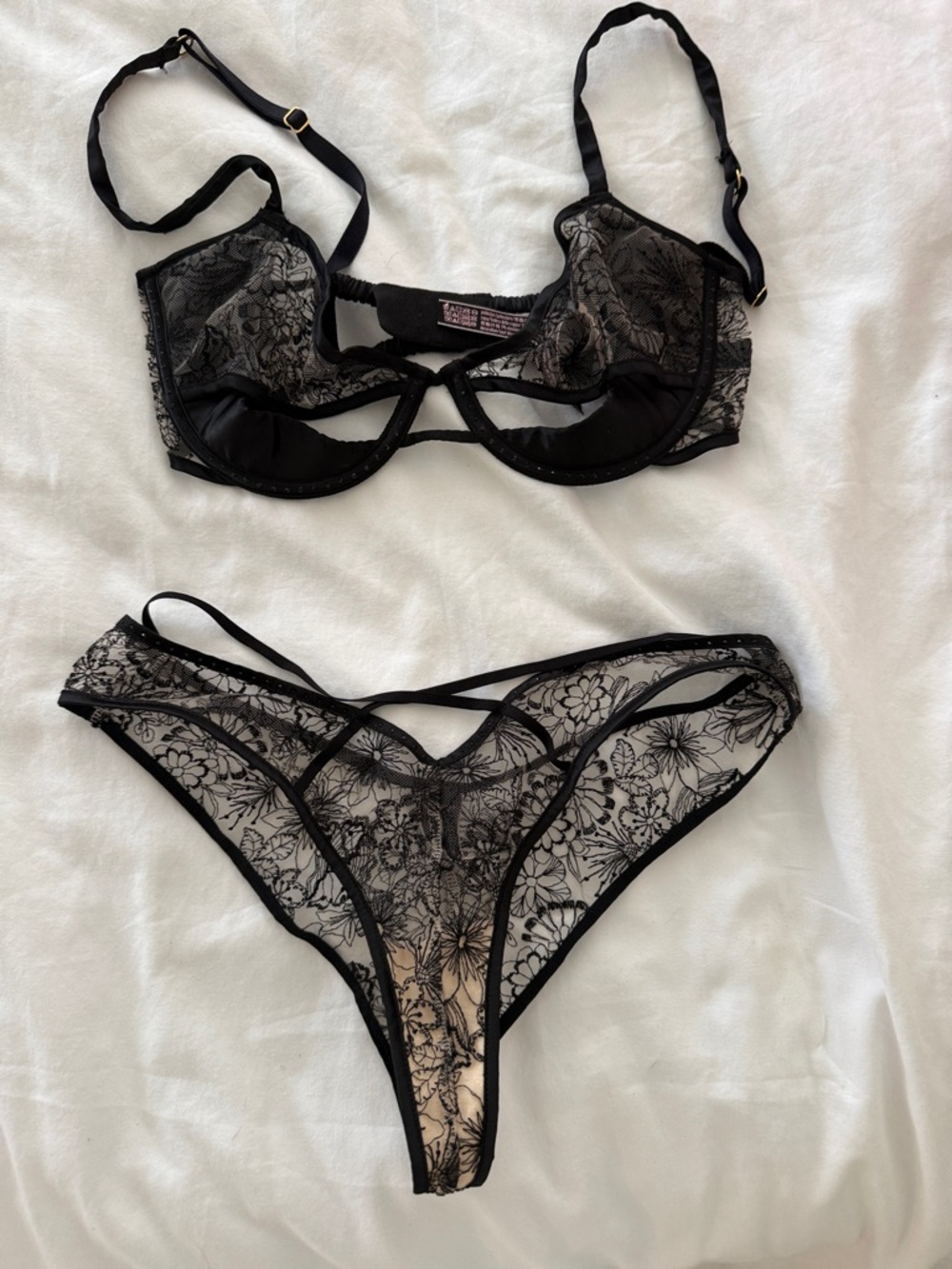 Sheer Black Lace Cutout Underwire Bra/Matching Panties